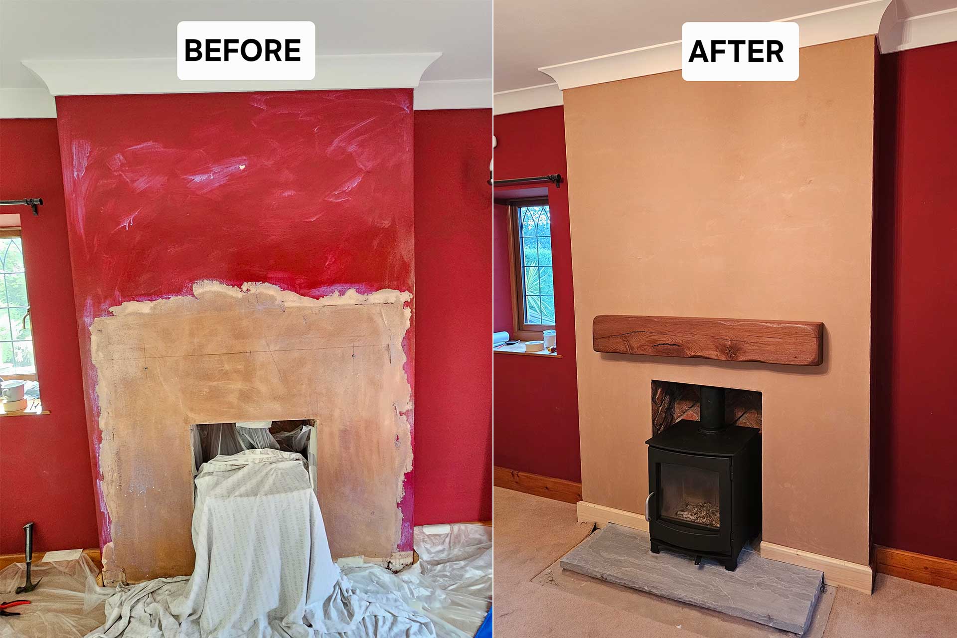 Reskimmed wall around fireplace